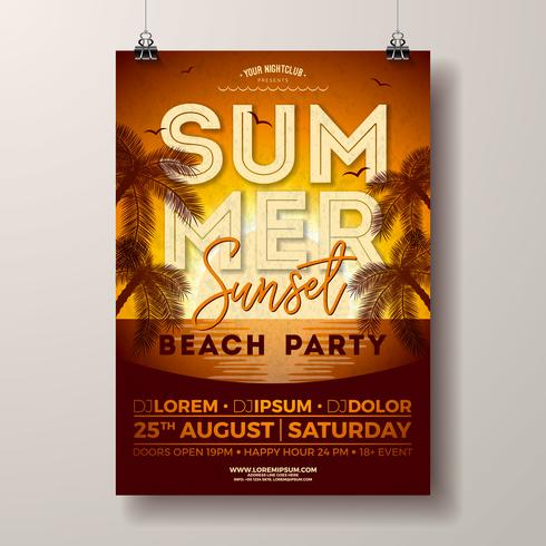 Vector Summer Party Flyer Design with Palm Trees and Ocean on Sunset Landscape Background. Summer Holiday Illustration Template with Tropical Plants