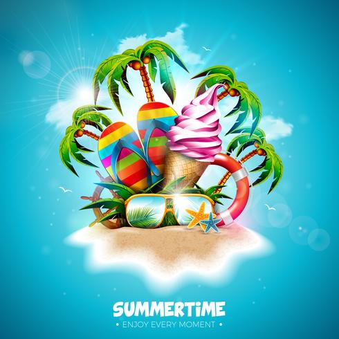 Vector Summertime Holiday Illustration with Ice Cream, Flip-Flop and Tropical Palm Trees on Ocean Blue Background. Typography Letter, Lifebelt, Beach Ball and Surf Board on Paradise Island