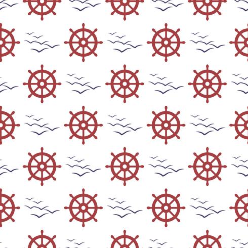 Nautical seamless pattern with wheel and birds. vector