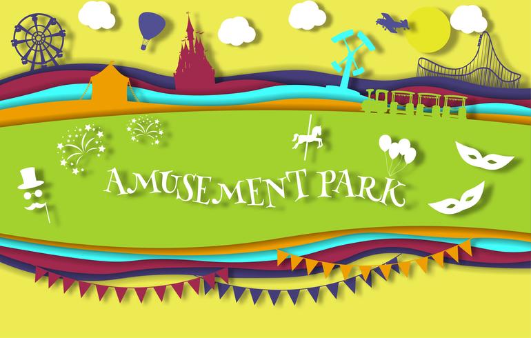 Paper art style amusement park with carousel with rides vector