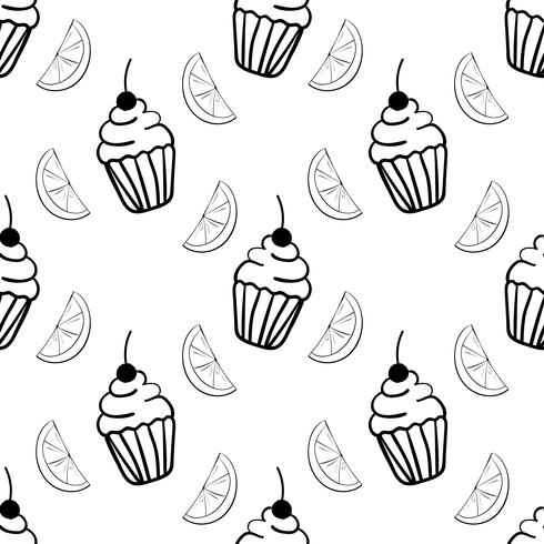 Bakery seamless pattern with cupcake and segment of lemon vector