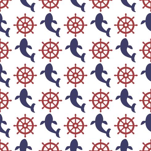 Nautical seamless pattern with wheel and whale. vector