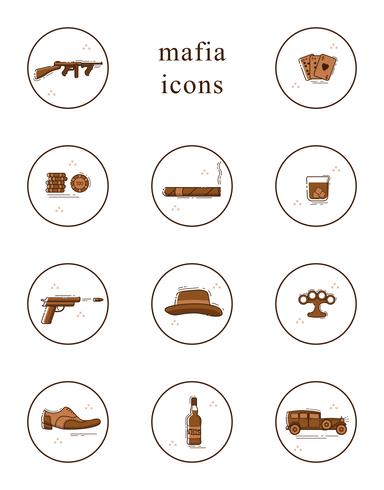 Collection of vector line art mafia icons.