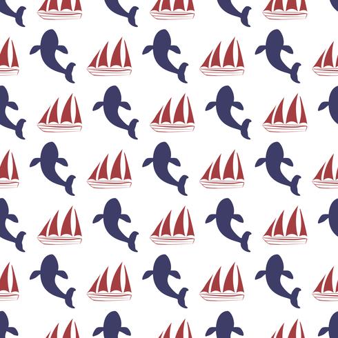 Nautical seamless pattern with ship and whale. vector