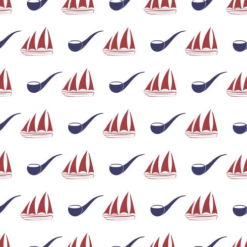 Nautical seamless pattern with ship and tobacco pipe. vector