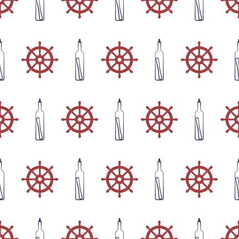 Nautical seamless pattern with bottle and wheel. vector