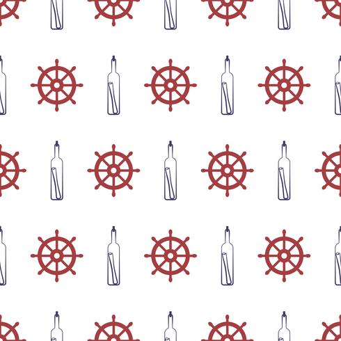 Nautical seamless pattern with bottle and wheel. vector