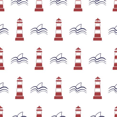 Nautical seamless pattern with lighthouse and shark. vector