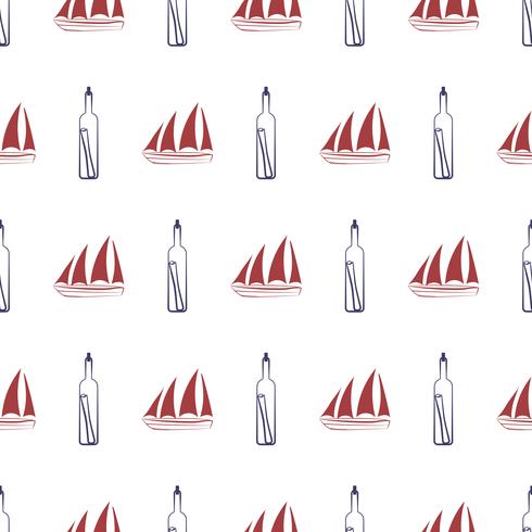 Nautical seamless pattern with ship and bottle. vector