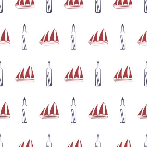 Nautical seamless pattern with ship and bottle. vector