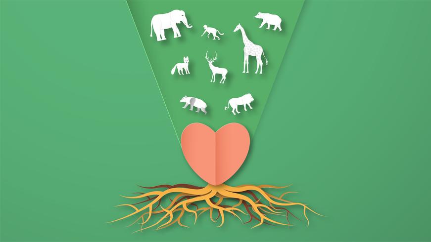 Wildlife animals with manipulation concept. Minimalism deign in paper cut and craft style. Art digitalcraft for world environment day. vector