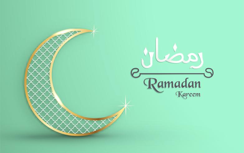 Template for Ramadan Kareem with green and gold color. 3D Vector illustration design in paper cut and craft  for islamic greeting card, invitation, book cover, brochure, web banner, advertisement.