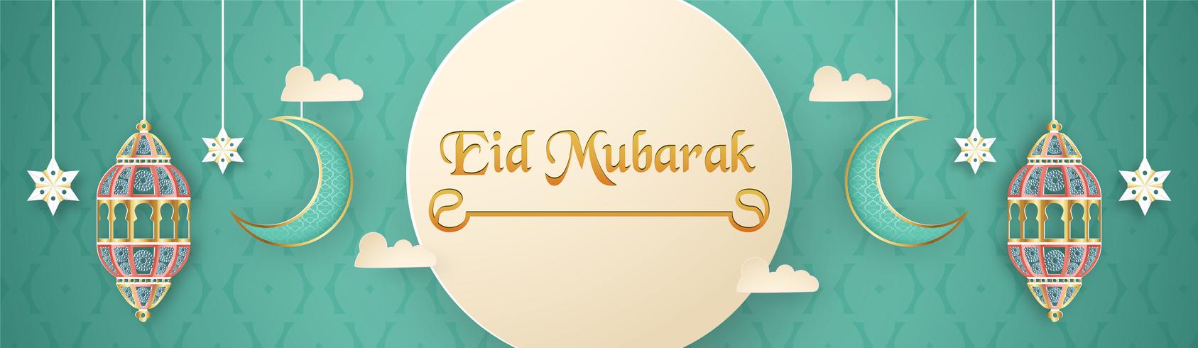 Template for Eid Mubarak with green and gold color tone. 3D Vector illustration in paper cut and craft  for islamic greeting card, invitation, book cover, brochure, web banner, advertisement.