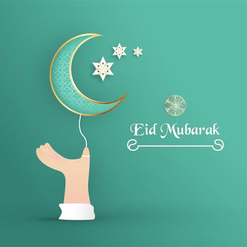 Template for Eid Mubarak with green and gold color tone. 3D Vector illustration in paper cut and craft  for islamic greeting card, invitation, book cover, brochure, web banner, advertisement.