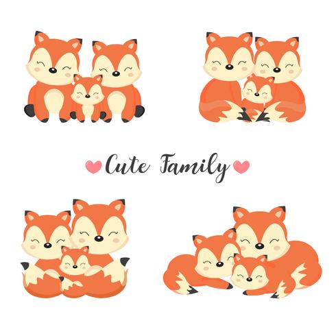 Happy animal family. Dad, mom, baby foxes cartoon.  vector