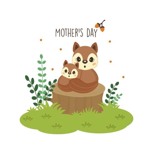 Happy Mother's day card. Mother squirrel hugging her baby. vector