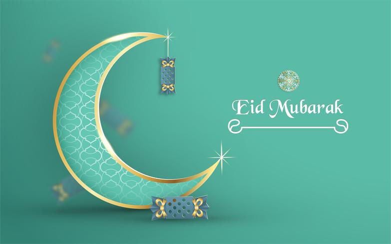Template For Eid Mubarak With Green And Gold Color Tone 3D Vector 