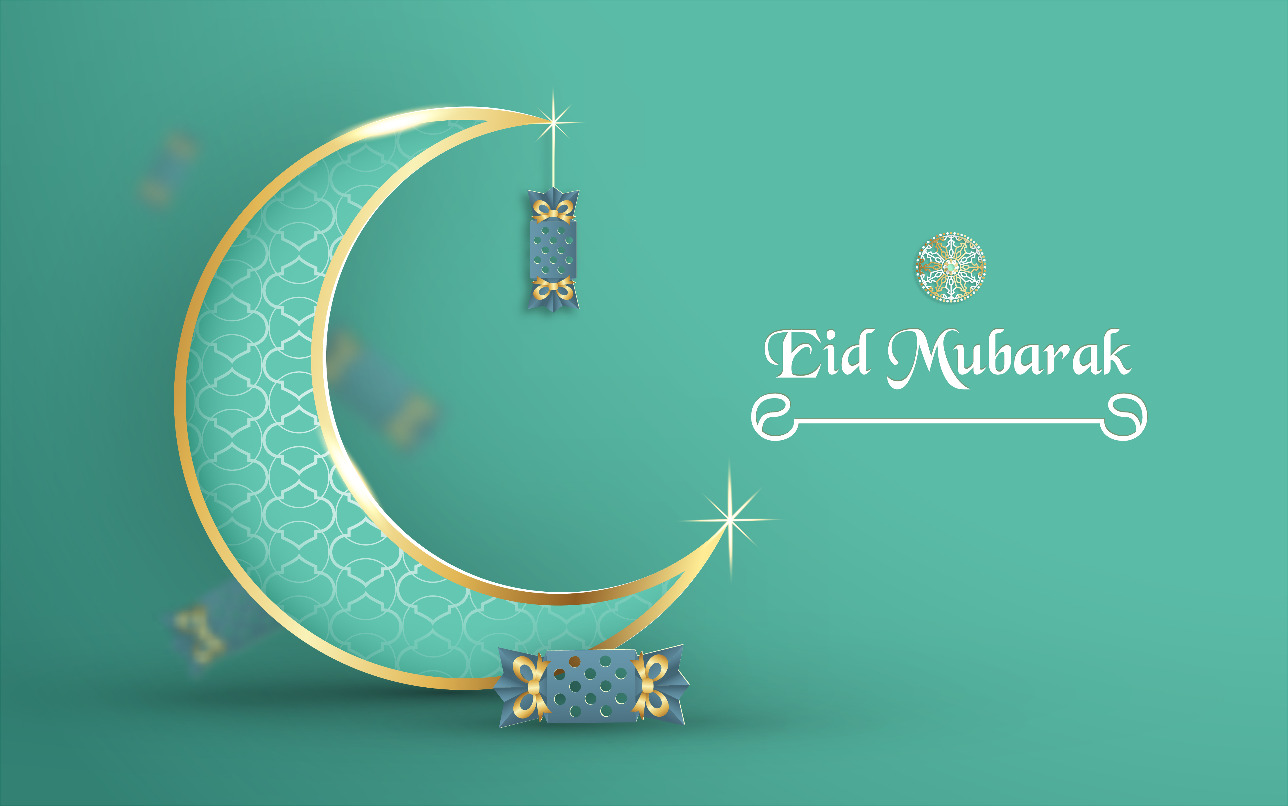 Template for Eid Mubarak with green and gold color tone. 3D Vector