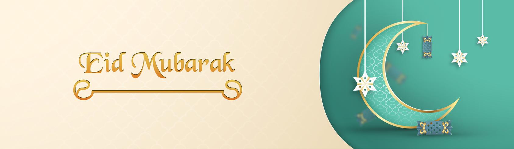 Template for Eid Mubarak with green and gold color tone. 3D Vector illustration in paper cut and craft  for islamic greeting card, invitation, book cover, brochure, web banner, advertisement.