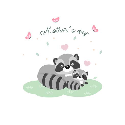 Tarjeta de feliz día de la madre. Madre mapache abrazando a su bebé. vector