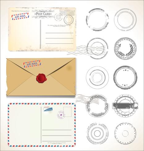 Set of postal stamps and post cards on white background mail post office air mail  vector