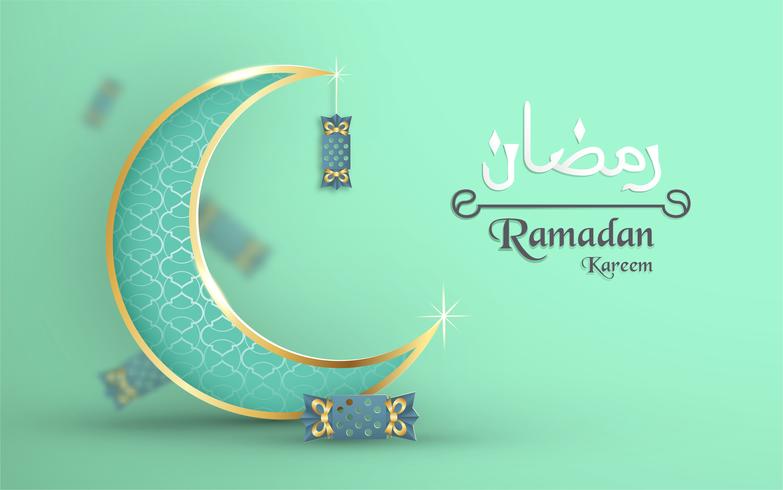 Template for Ramadan Kareem with green and gold color. 3D Vector illustration design in paper cut and craft  for islamic greeting card, invitation, book cover, brochure, web banner, advertisement.