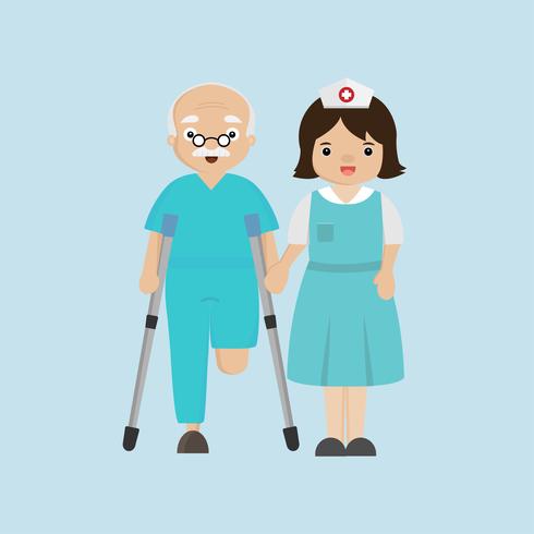 Nurse helping senior patient with a cane. vector