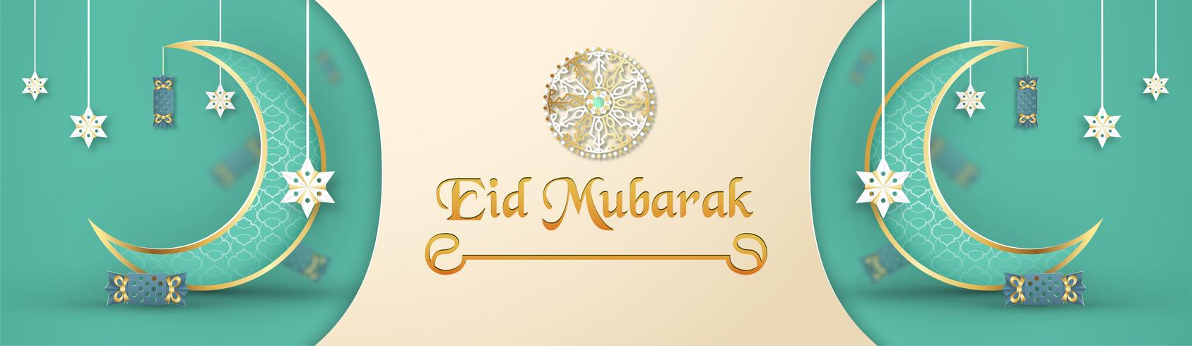 Template for Eid Mubarak with green and gold color tone. 3D Vector illustration in paper cut and craft  for islamic greeting card, invitation, book cover, brochure, web banner, advertisement.