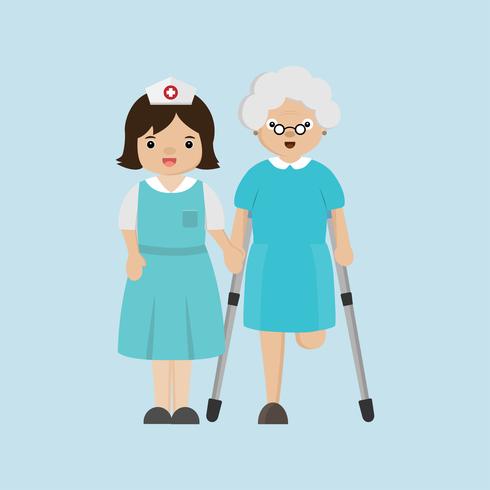 Nurse helping senior patient with a cane. vector