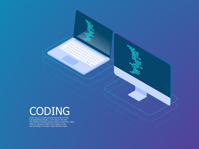 codificación con portátil vector isométrica