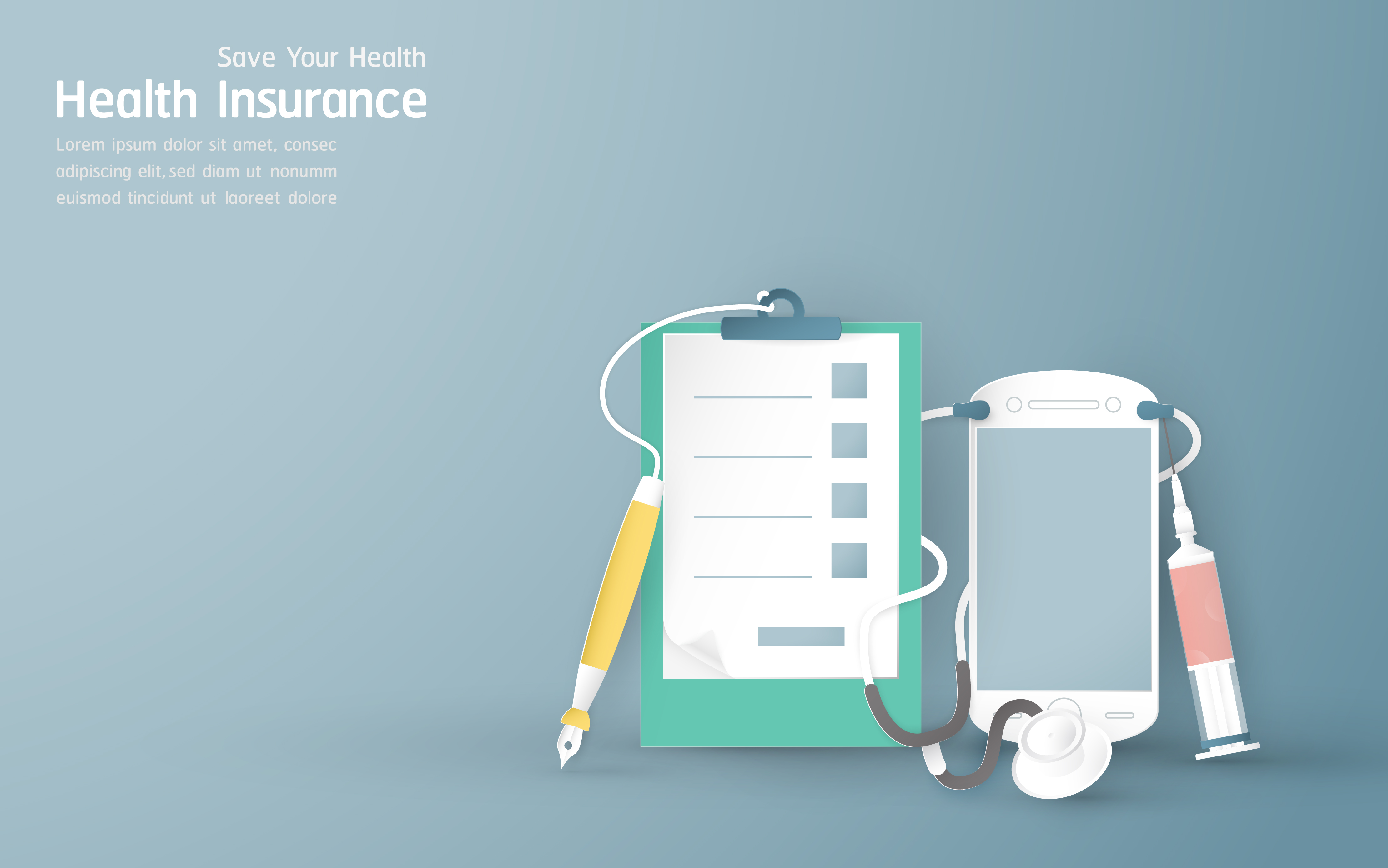 Vector illustration in concept of health insurance. Template element design is on pastel blue ...