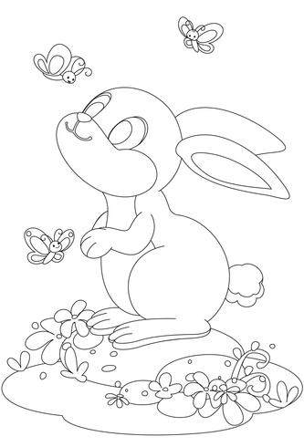 Cute rabbit with butterfly cartoon outline drawing vector