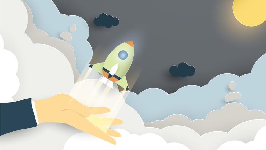 Vector illustration with start up concept in paper cut, craft and origami style. Rocket is flying. Template design for web banner, poster, cover, advertisement. It's art craft for kids.