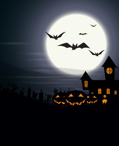 Halloween background with full moon and scary pumpkins vector