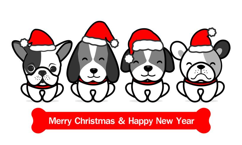 Merry Christmas Cute Dogs Cartoon. Vector illustration.