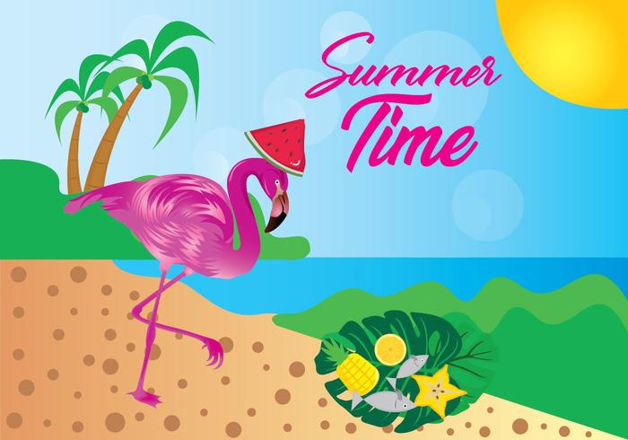 Summer time background with pink flamingos gathering food vector