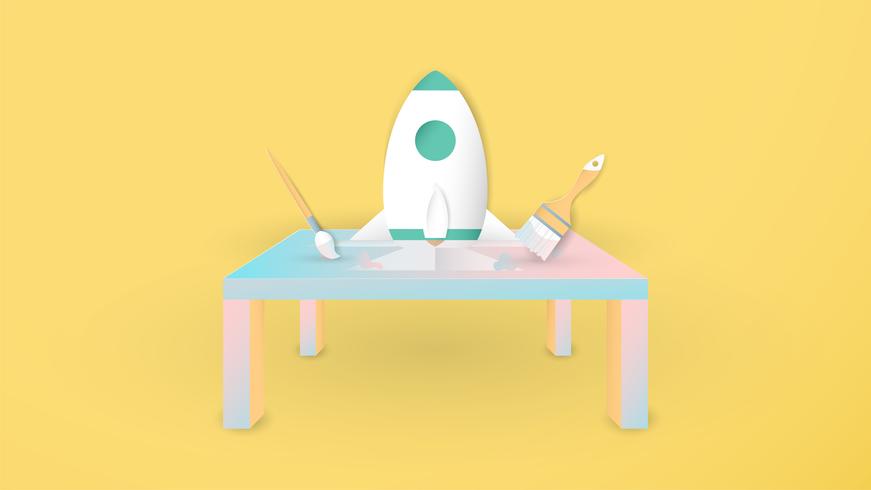 Ilustración de vector con puesta en marcha concepto en corte de papel, artesanía y estilo origami. El cohete está volando. Diseño de plantillas para banner web, cartel, portada, publicidad. Es arte artesanal para niños.