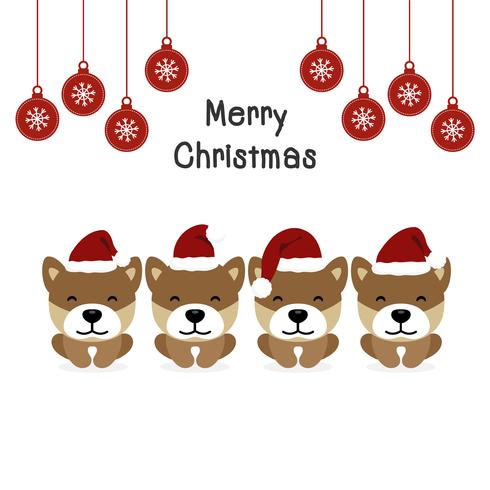 Tarjeta de felicitación de Navidad feliz con perros en trajes de Santa Claus. vector