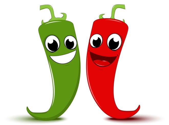 Dibujos animados feliz pimiento rojo y verde vector