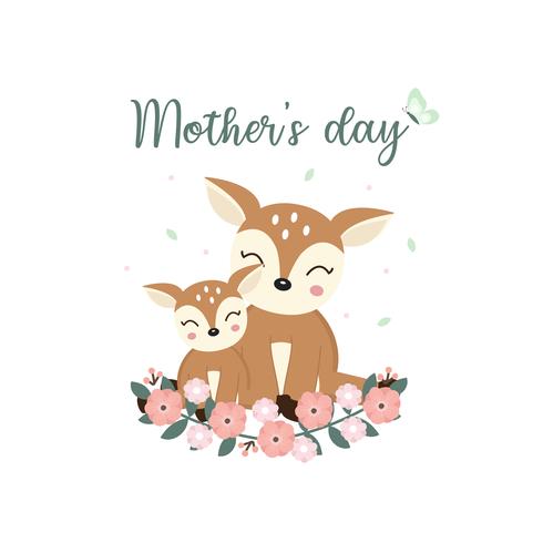 Cute animals for Mothers Day card. Deer Mom and Her Baby cartoon. vector