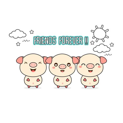 Friends forever greeting card with little animals. Cute pigs cartoon vector illustration.