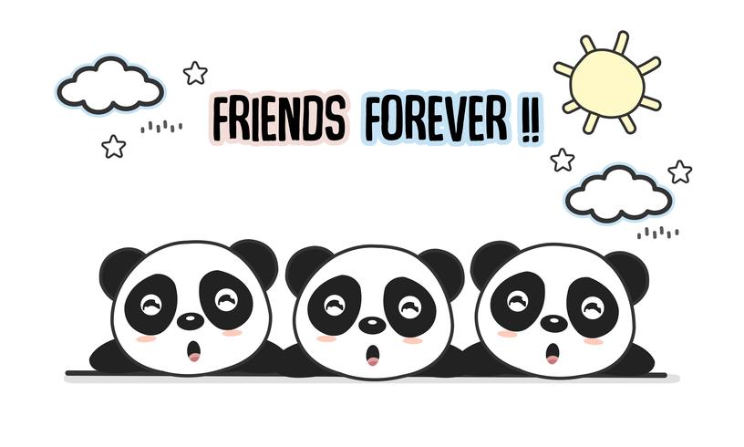 Tarjeta de felicitación de amigos para siempre con pequeños animales. Ilustración de vector de dibujos animados de pandas lindo.