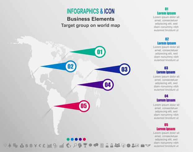 Grupo objetivo de negocios infografía en el mapa mundial. Los iconos de mapa mundial y de marketing se pueden utilizar para el diseño del flujo de trabajo, diagrama, informe, .Vector. vector