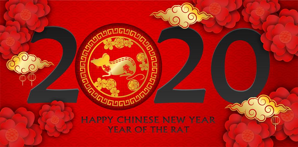 2020 Happy Chinese New Year. Design with flowers and rat on red background. paper art style. happy rat year. Vector. vector