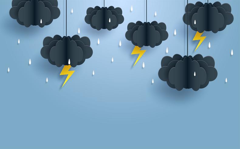 Monzón, fondo de la estación de lluvias. Nube de lluvia y rayo colgando en el cielo azul. papel art style.vector. vector