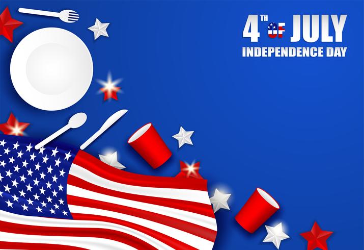 4 de julio Feliz día de la independencia USA. Diseñe con la cuchara, el plato, la bifurcación, el cuchillo, la vajilla de cristal de papel y la estrella de la bandera americana en fondo azul. Vector. vector