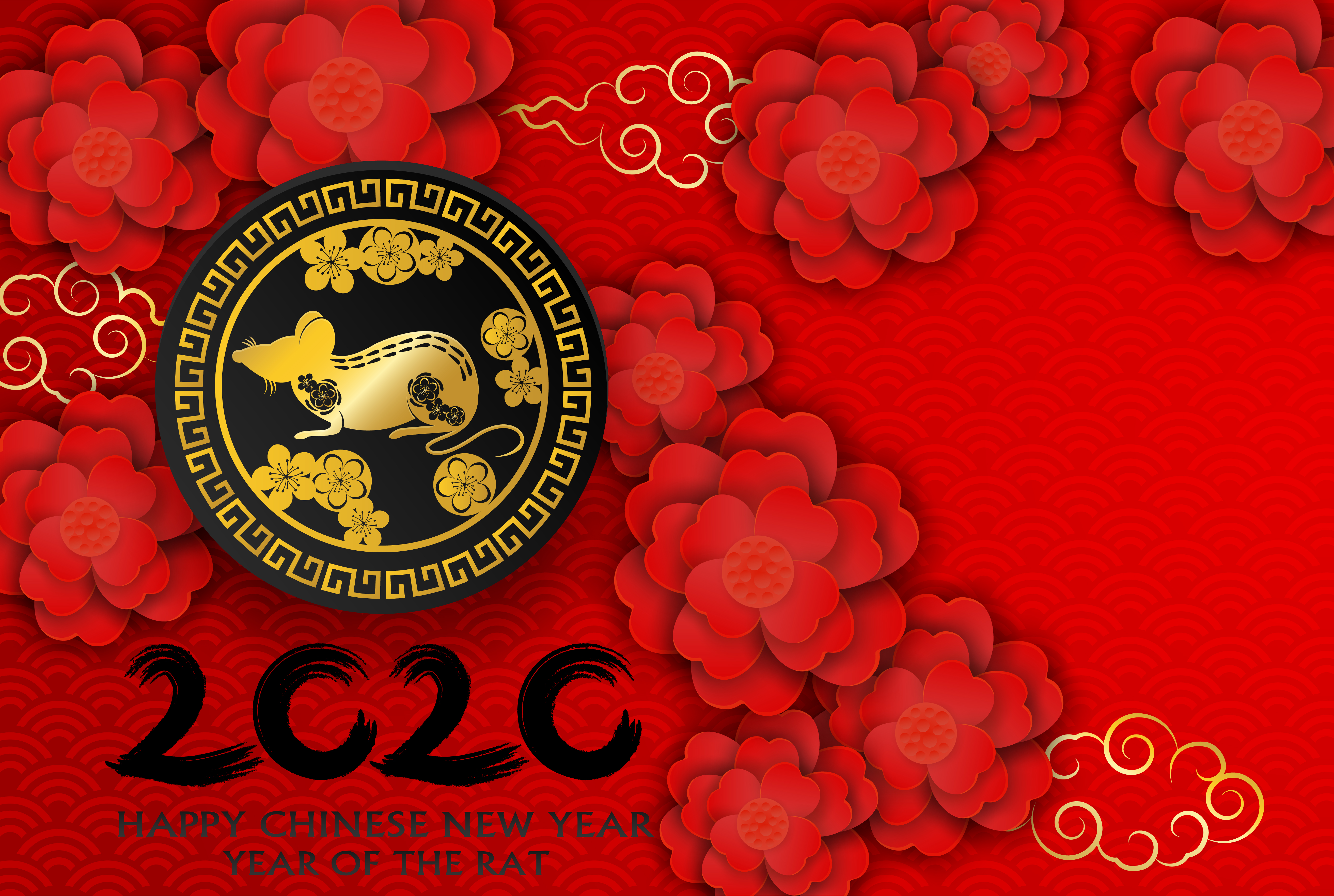 2020 Happy Chinese New Year. Design with flowers and rat on red background. paper art ...