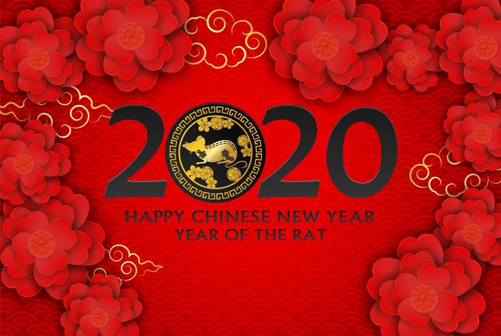 2020 Happy Chinese New Year. Design with flowers and rat on red background. paper art style. happy rat year. Vector. vector