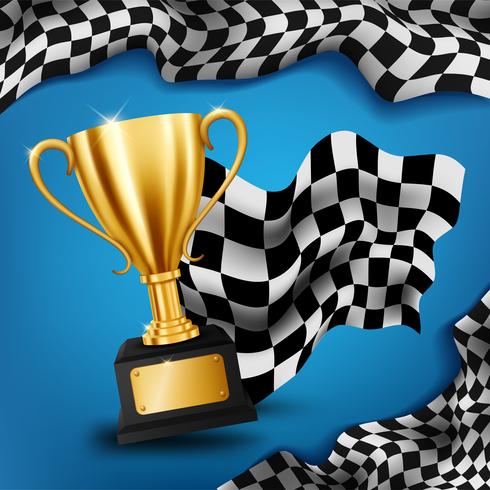 Realistic Golden Trophy with Checkered flag racing championship background, Vector Illustration