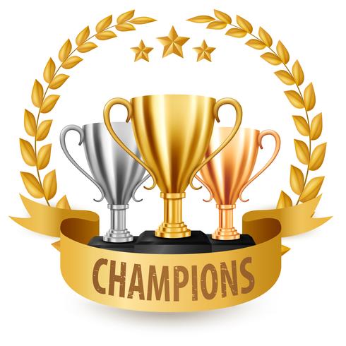 Realistic Golden, silver and bronze Trophies with Gold Laurel Wreath and ribbon, Vector Illustration